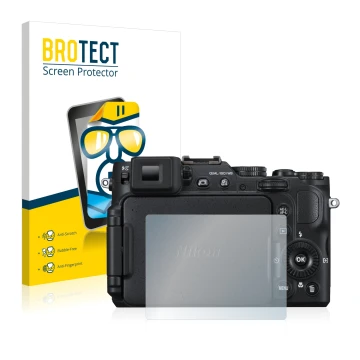 Parte frontal de un envase de producto con el logotipo de la marca BROTECT. Al lado se muestra el dispositivo Nikon Coolpix P7