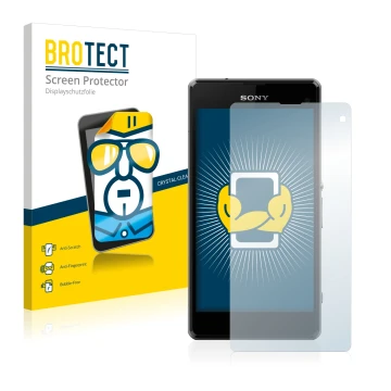 Parte frontal de un envase de producto con el logotipo de la marca BROTECT. Al lado se muestra el dispositivo Sony Xperia Z1 C