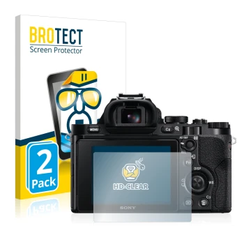 Parte frontal de un envase de producto con el logotipo de la marca BROTECT. Al lado se muestra el dispositivo Sony Alpha 7 (IL