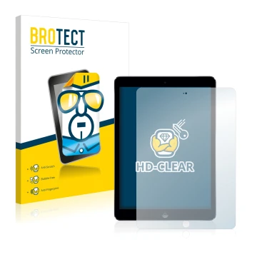 Parte frontal de un envase de producto con el logotipo de la marca BROTECT. Al lado se muestra el dispositivo Apple iPad Air 2