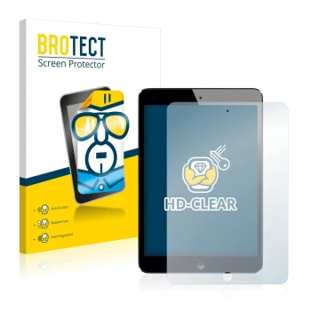 Parte frontal de un envase de producto con el logotipo de la marca BROTECT. Al lado se muestra el dispositivo Apple iPad Mini 