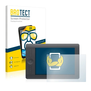 Parte frontal de un envase de producto con el logotipo de la marca BROTECT. Al lado se muestra el dispositivo Wacom Intuos Pro