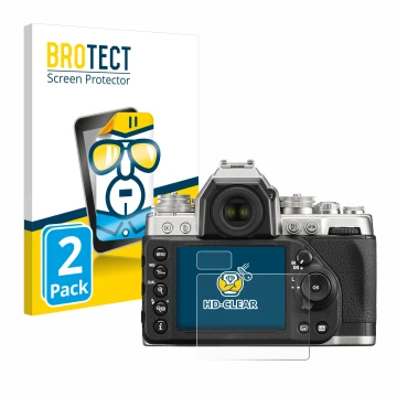 Parte frontal de un envase de producto con el logotipo de la marca BROTECT. Al lado se muestra el dispositivo Nikon Df con su 