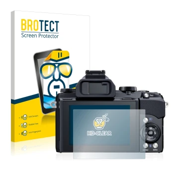 Parte frontal de un envase de producto con el logotipo de la marca BROTECT. Al lado se muestra el dispositivo Olympus Stylus 1