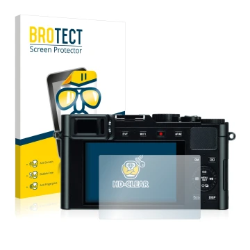 Parte frontal de un envase de producto con el logotipo de la marca BROTECT. Al lado se muestra el dispositivo Leica D-Lux (Typ