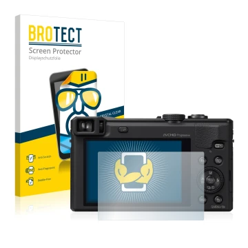 Parte frontal de un envase de producto con el logotipo de la marca BROTECT. Al lado se muestra el dispositivo Panasonic Lumix 