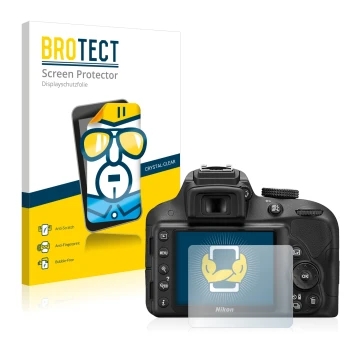 Parte frontal de un envase de producto con el logotipo de la marca BROTECT. Al lado se muestra el dispositivo Nikon D3300 con 