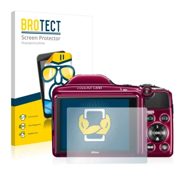 Parte frontal de un envase de producto con el logotipo de la marca BROTECT. Al lado se muestra el dispositivo Nikon Coolpix L8