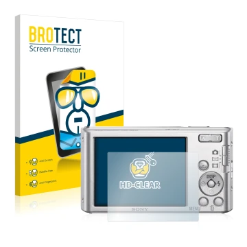 Parte frontal de un envase de producto con el logotipo de la marca BROTECT. Al lado se muestra el dispositivo Sony Cyber-Shot 