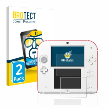 Parte frontal de un envase de producto con el logotipo de la marca BROTECT. Al lado se muestra el dispositivo Nintendo 2DS con