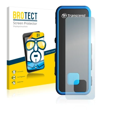 Parte frontal de un envase de producto con el logotipo de la marca BROTECT. Al lado se muestra el dispositivo Transcend MP350 