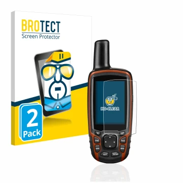 Parte frontal de un envase de producto con el logotipo de la marca BROTECT. Al lado se muestra el dispositivo Garmin GPSMAP 64