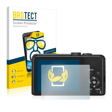 Parte frontal de un envase de producto con el logotipo de la marca BROTECT. Al lado se muestra el dispositivo Panasonic Lumix 