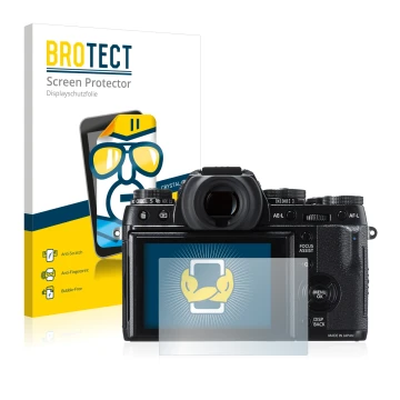 Parte frontal de un envase de producto con el logotipo de la marca BROTECT. Al lado se muestra el dispositivo Fujifilm X-T1 co