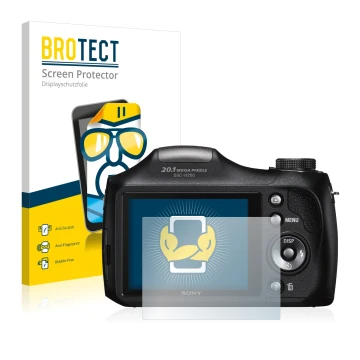 Parte frontal de un envase de producto con el logotipo de la marca BROTECT. Al lado se muestra el dispositivo Sony Cyber-Shot 