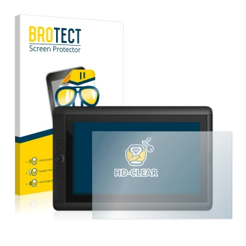 Parte frontal de un envase de producto con el logotipo de la marca BROTECT. Al lado se muestra el dispositivo Wacom Cintiq 13 