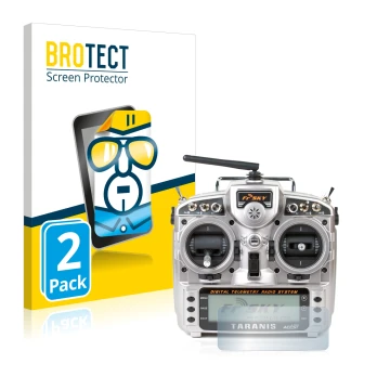 Parte frontal de un envase de producto con el logotipo de la marca BROTECT. Al lado se muestra el dispositivo FrSky Taranis X9