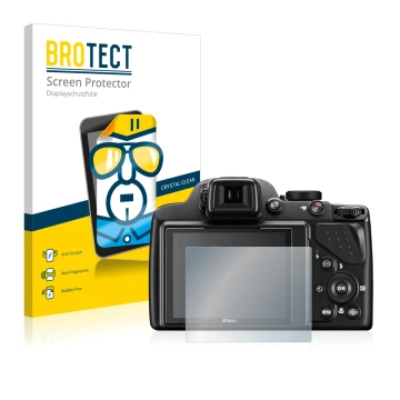 Parte frontal de un envase de producto con el logotipo de la marca BROTECT. Al lado se muestra el dispositivo Nikon Coolpix P5