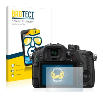 Parte frontal de un envase de producto con el logotipo de la marca BROTECT. Al lado se muestra el dispositivo Panasonic Lumix 
