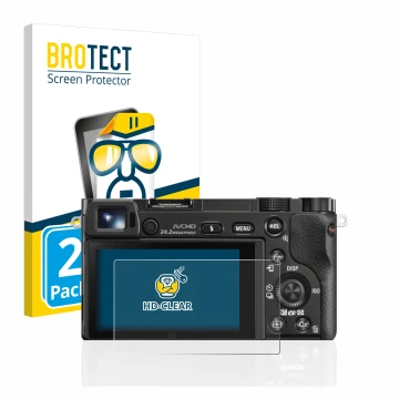 Parte frontal de un envase de producto con el logotipo de la marca BROTECT. Al lado se muestra el dispositivo Sony Alpha 6000 