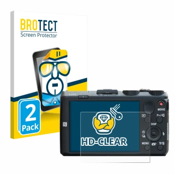 Parte frontal de un envase de producto con el logotipo de la marca BROTECT. Al lado se muestra el dispositivo Sony Cyber-Shot 