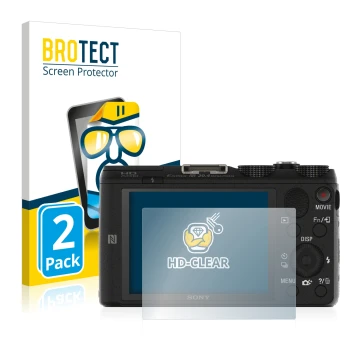 Parte frontal de un envase de producto con el logotipo de la marca BROTECT. Al lado se muestra el dispositivo Sony Cyber-Shot 