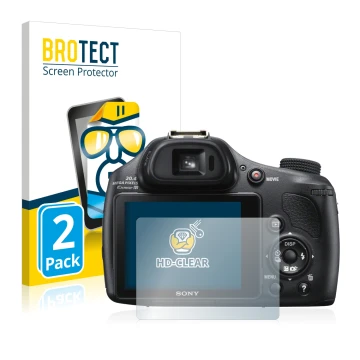 Parte frontal de un envase de producto con el logotipo de la marca BROTECT. Al lado se muestra el dispositivo Sony Cyber-Shot 
