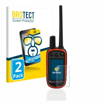 Parte frontal de un envase de producto con el logotipo de la marca BROTECT. Al lado se muestra el dispositivo Garmin Alpha 100