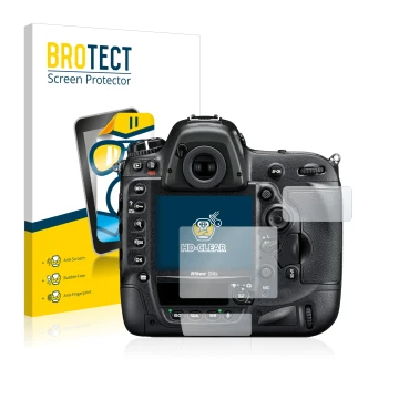 Parte frontal de un envase de producto con el logotipo de la marca BROTECT. Al lado se muestra el dispositivo Nikon D4S con su