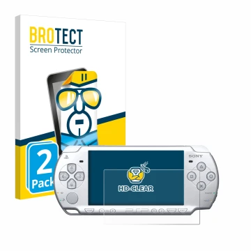 Parte frontal de un envase de producto con el logotipo de la marca BROTECT. Al lado se muestra el dispositivo Sony PSP 2004 co