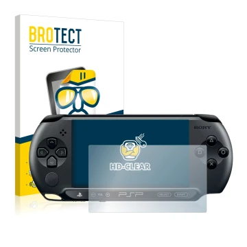 Parte frontal de un envase de producto con el logotipo de la marca BROTECT. Al lado se muestra el dispositivo Sony PSP 2000 co