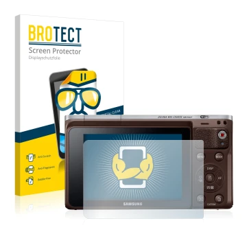 Parte frontal de un envase de producto con el logotipo de la marca BROTECT. Al lado se muestra el dispositivo Samsung NX Mini 