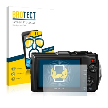 Parte frontal de un envase de producto con el logotipo de la marca BROTECT. Al lado se muestra el dispositivo Olympus Stylus T