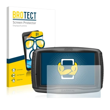 Parte frontal de un envase de producto con el logotipo de la marca BROTECT. Al lado se muestra el dispositivo Garmin zumo 590L