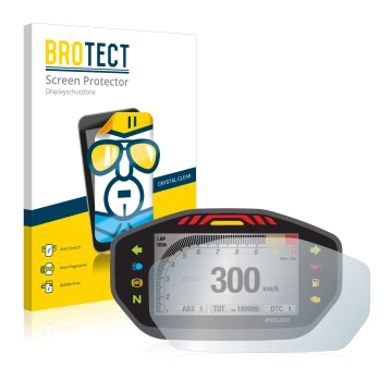 Parte frontal de un envase de producto con el logotipo de la marca BROTECT. Al lado se muestra el dispositivo Ducati Monster 1