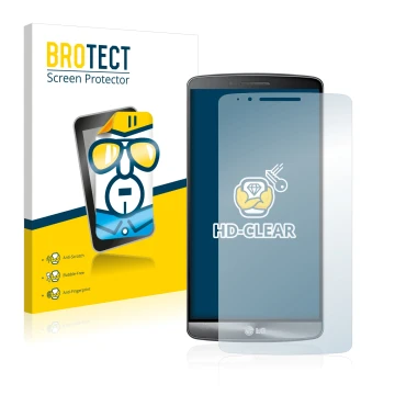 Parte frontal de un envase de producto con el logotipo de la marca BROTECT. Al lado se muestra el dispositivo LG G3 Cat. 6 con