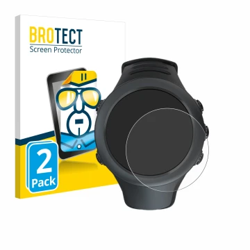 Parte frontal de un envase de producto con el logotipo de la marca BROTECT. Al lado se muestra el dispositivo Suunto Ambit3 Sp