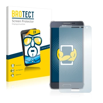 Parte frontal de un envase de producto con el logotipo de la marca BROTECT. Al lado se muestra el dispositivo Samsung Galaxy A
