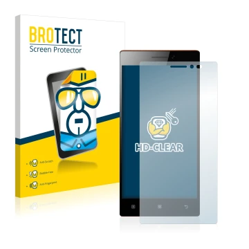 Parte frontal de un envase de producto con el logotipo de la marca BROTECT. Al lado se muestra el dispositivo Lenovo Vibe X2 c