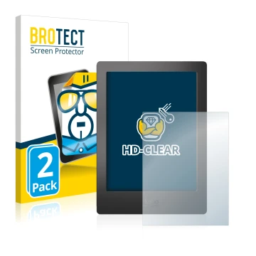 Parte frontal de un envase de producto con el logotipo de la marca BROTECT. Al lado se muestra el dispositivo Kobo Aura H2O co