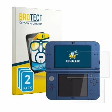 Parte frontal de un envase de producto con el logotipo de la marca BROTECT. Al lado se muestra el dispositivo Nintendo New 3DS