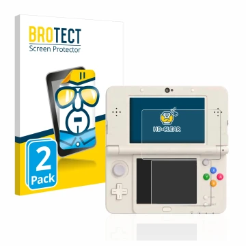 Parte frontal de un envase de producto con el logotipo de la marca BROTECT. Al lado se muestra el dispositivo Nintendo New 3DS