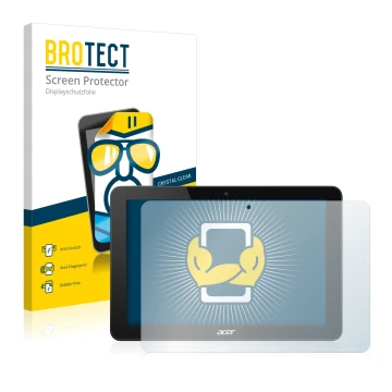 Parte frontal de un envase de producto con el logotipo de la marca BROTECT. Al lado se muestra el dispositivo Acer Iconia Tab 