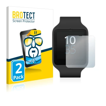 Parte frontal de un envase de producto con el logotipo de la marca BROTECT. Al lado se muestra el dispositivo Sony Smartwatch 