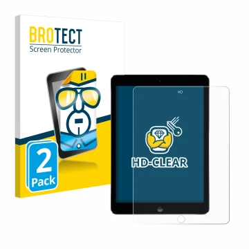 Parte frontal de un envase de producto con el logotipo de la marca BROTECT. Al lado se muestra el dispositivo Apple iPad Air 2