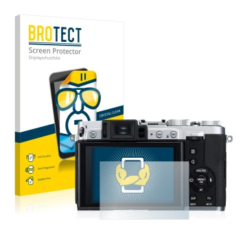 Parte frontal de un envase de producto con el logotipo de la marca BROTECT. Al lado se muestra el dispositivo Fujifilm X30 con