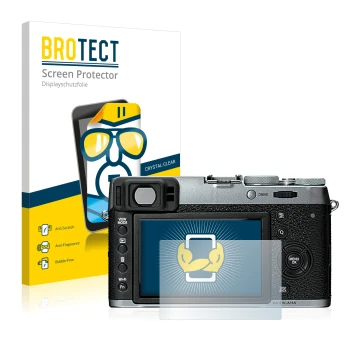 Parte frontal de un envase de producto con el logotipo de la marca BROTECT. Al lado se muestra el dispositivo Fujifilm X100T c