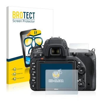 Parte frontal de un envase de producto con el logotipo de la marca BROTECT. Al lado se muestra el dispositivo Nikon D750 con s