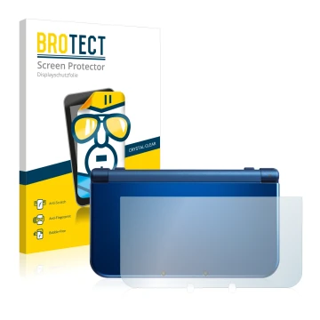 Parte frontal de un envase de producto con el logotipo de la marca BROTECT. Al lado se muestra el dispositivo Nintendo New 3DS