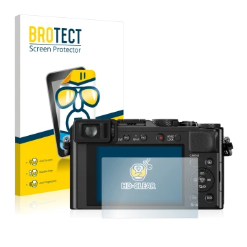 Parte frontal de un envase de producto con el logotipo de la marca BROTECT. Al lado se muestra el dispositivo Panasonic Lumix 